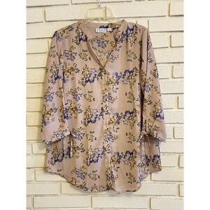 Joan Rivers Womens Button Up Tan Floral Size 8 Long‎ Sleeve Casual